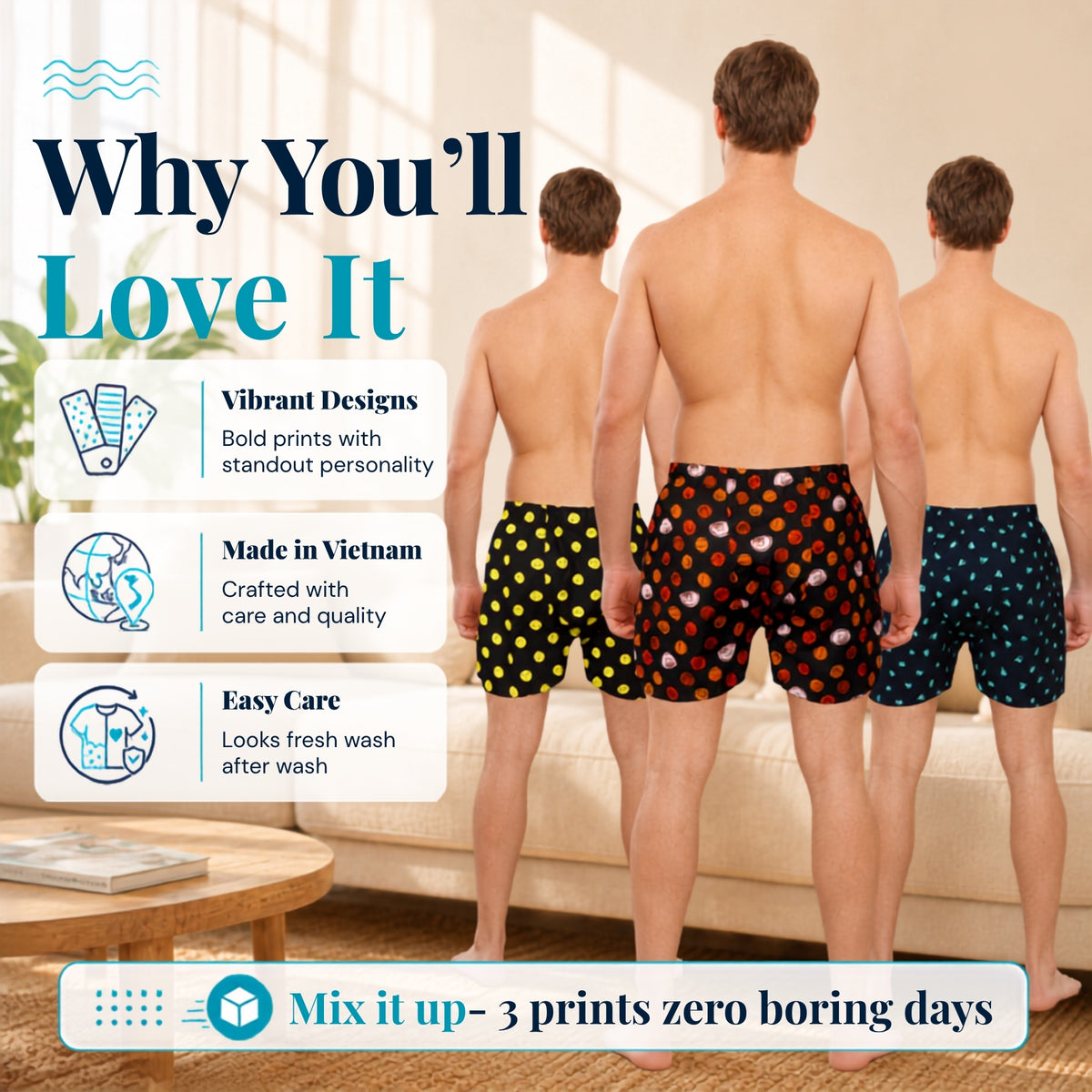 Three men shown from behind wearing patterned boxer briefs in a bright indoor setting, with marketing text on the left highlighting vibrant designs, Vietnam manufacturing, and easy care. The boxers feature different colorful polka dot patterns: yellow, orange, and blue on black, red, and navy bases.