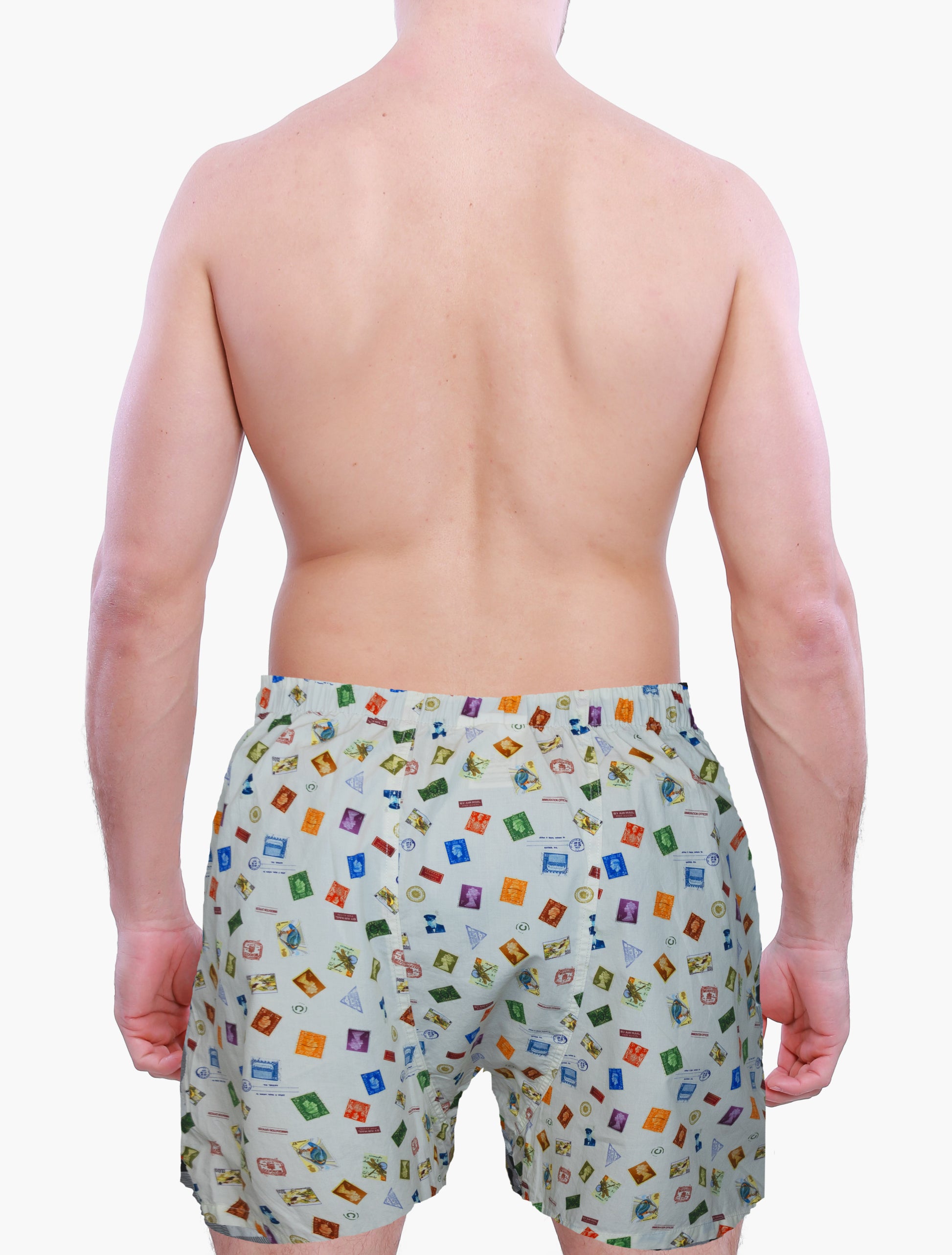 Back of model wearing Weunderlust Stamps boxers