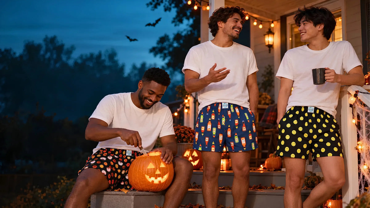 Three friends laughing on a Halloween porch at dusk, one carving a jack-o’-lantern, wearing Weunderlust men’s boxers in basketball, chili-out and smiles prints.