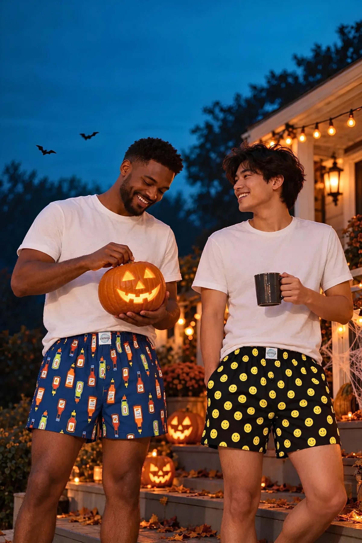 Two friends laughing on a Halloween porch at dusk, one holding a glowing jack-o’-lantern and one holding a mug, wearing Weunderlust men’s boxers in hot sauce and smiley face prints.