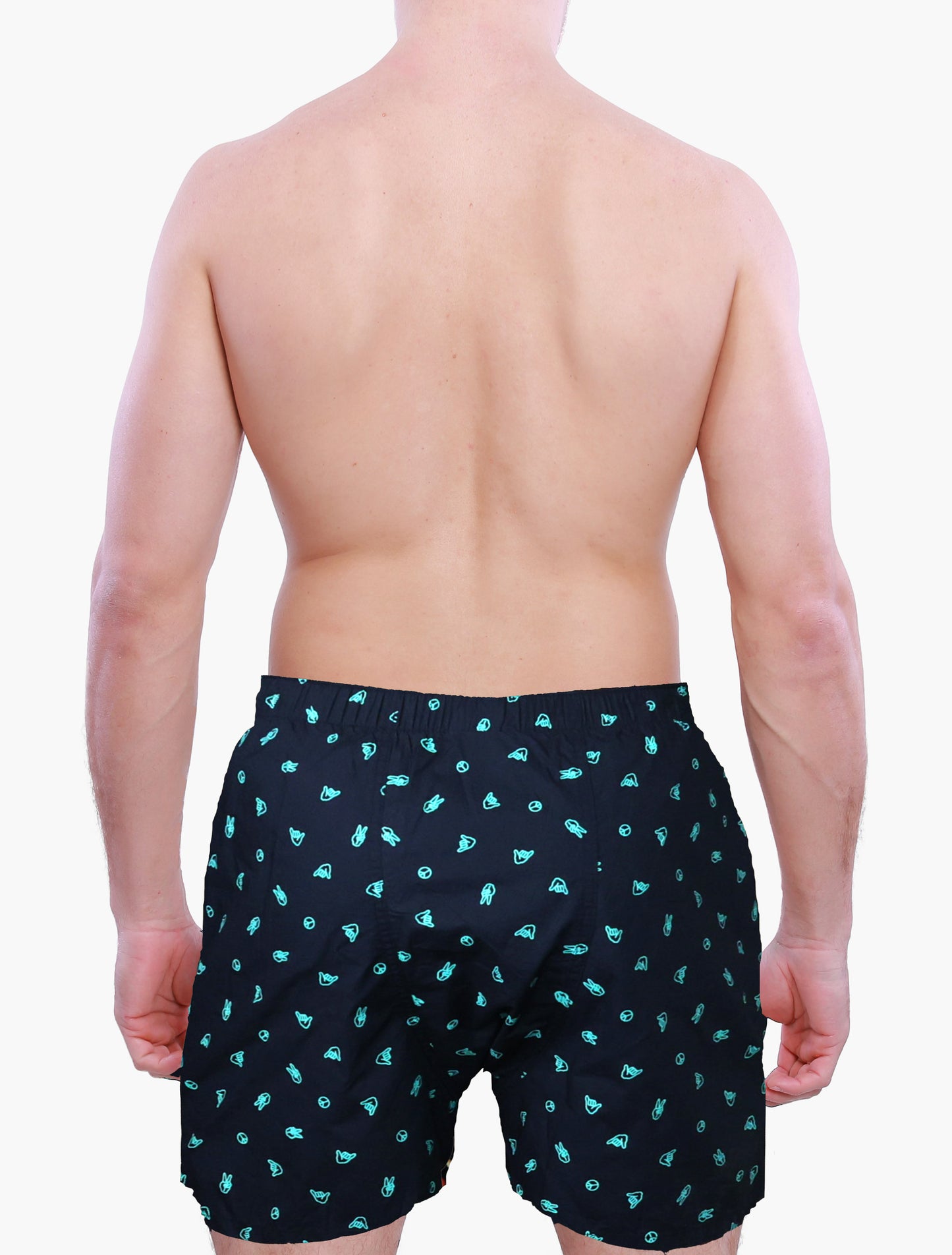 back side of a person wearing Weunderlust Navy boxer shorts with Icons pattern on a white background