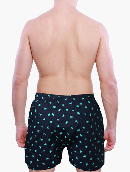 back side of a person wearing Weunderlust Navy boxer shorts with Icons pattern on a white background