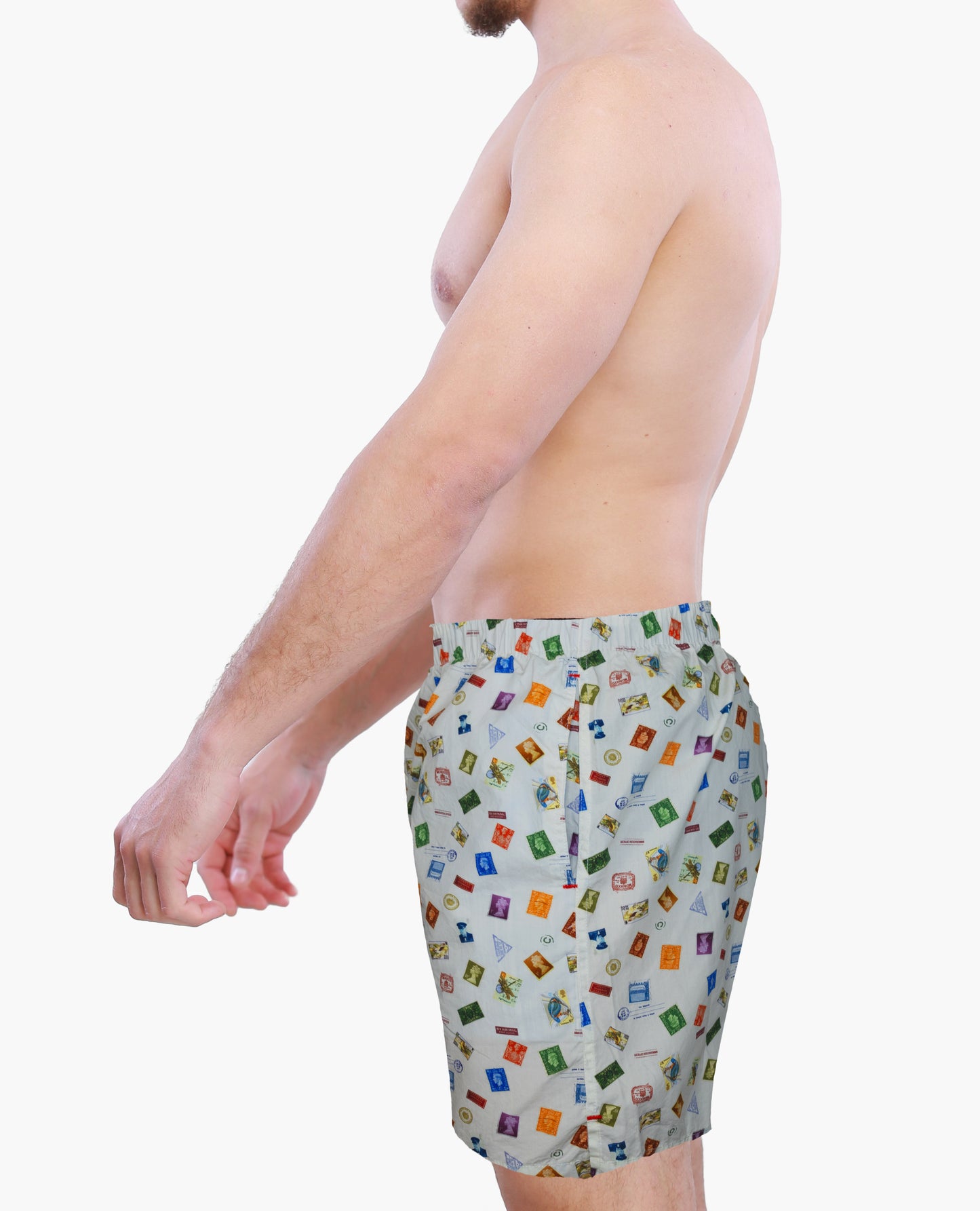 A side of model wearing Weunderlust Stamps boxers