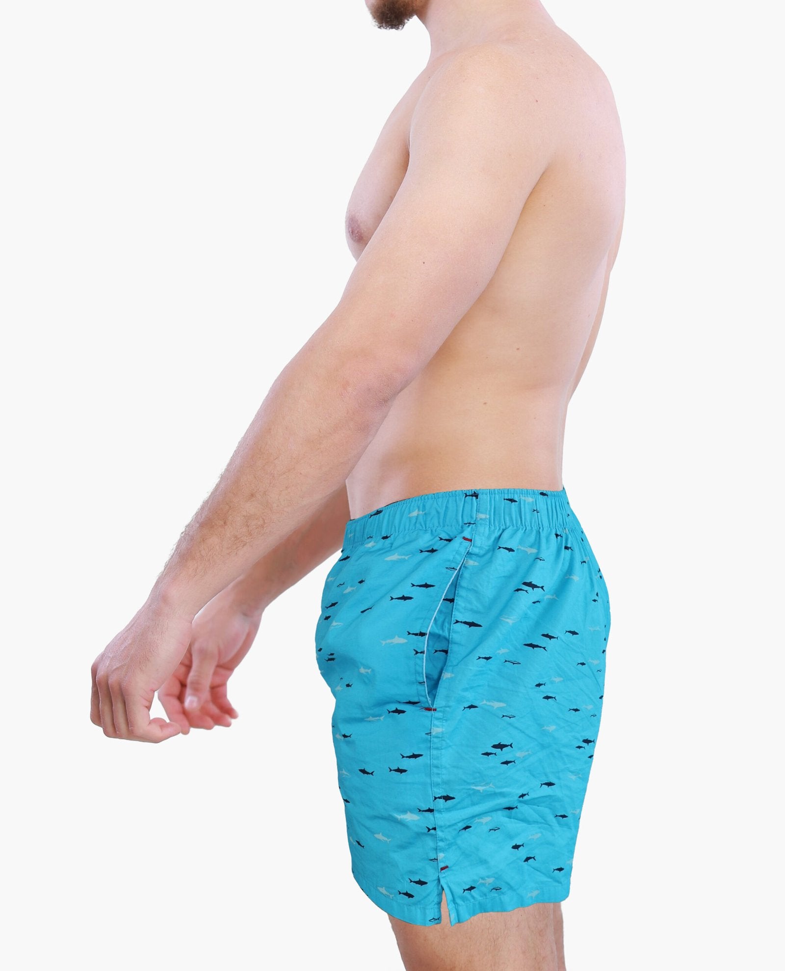 right side of Male Model in Weunderlust Woven Cotton Boxers with pocket , Baby Sharks, light blue